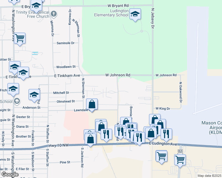 map of restaurants, bars, coffee shops, grocery stores, and more near 800 North Nelson Road in Ludington