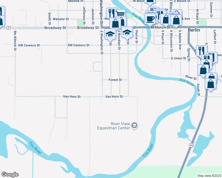 map of restaurants, bars, coffee shops, grocery stores, and more near 307 South Grove Street in Berlin