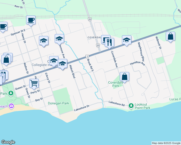 map of restaurants, bars, coffee shops, grocery stores, and more near 32 Brook Road South in Cobourg