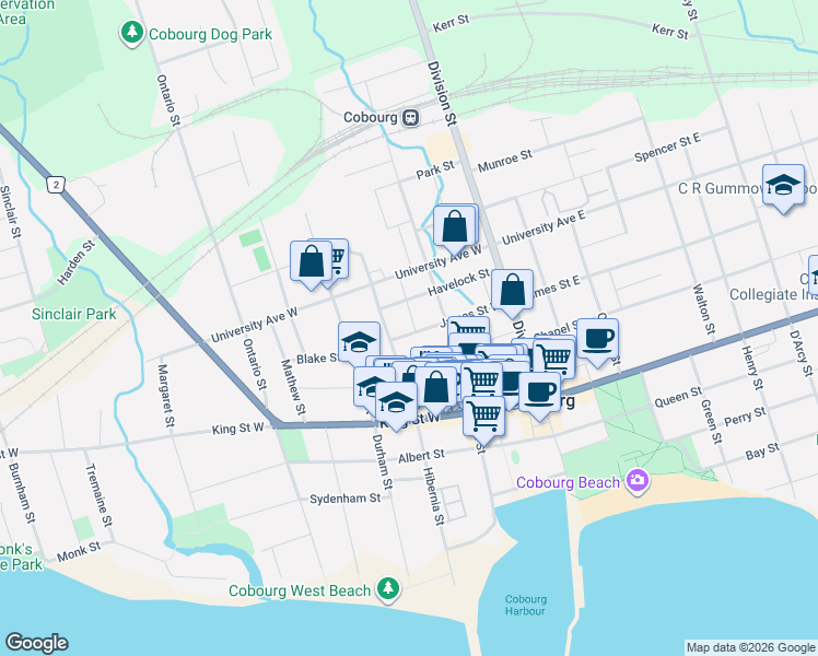 map of restaurants, bars, coffee shops, grocery stores, and more near 96 James Street West in Cobourg
