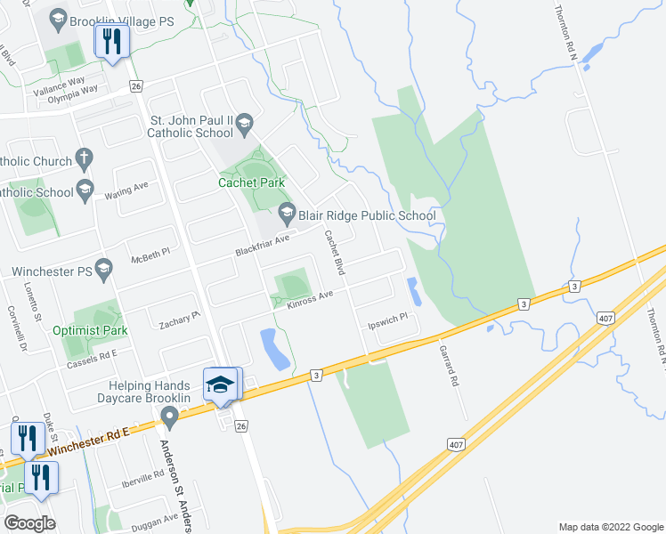 map of restaurants, bars, coffee shops, grocery stores, and more near 62 Cachet Boulevard in Whitby