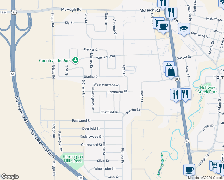 map of restaurants, bars, coffee shops, grocery stores, and more near 5 Commerce Street in Holmen