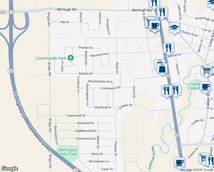 map of restaurants, bars, coffee shops, grocery stores, and more near 5 Commerce Street in Holmen