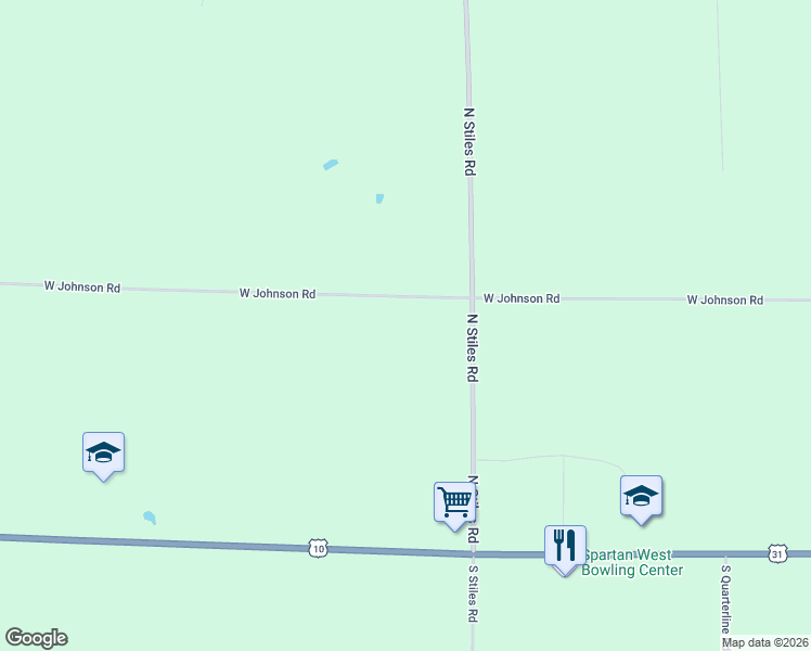 map of restaurants, bars, coffee shops, grocery stores, and more near 2478 Johnson Road in Ludington