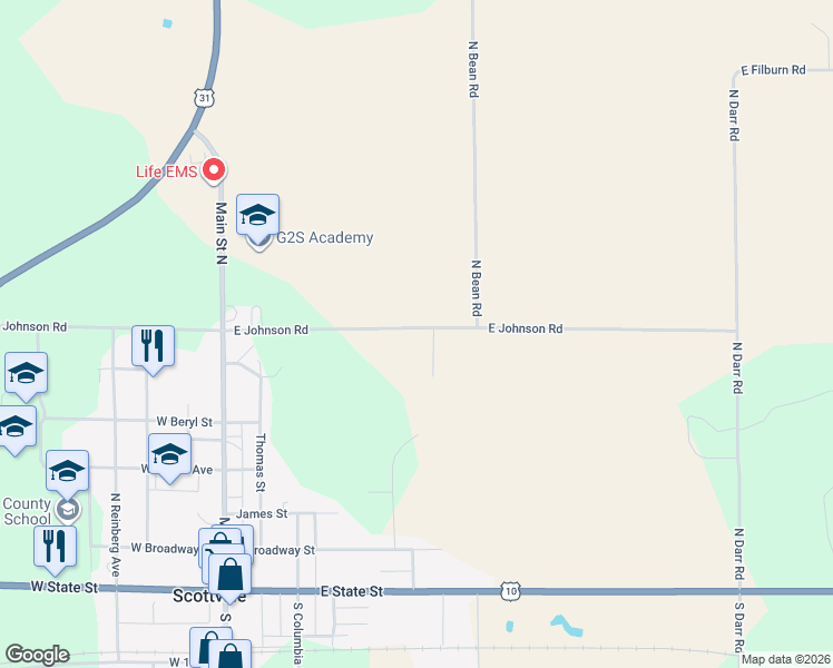 map of restaurants, bars, coffee shops, grocery stores, and more near 305 East Johnson Road in Scottville