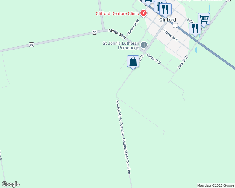 map of restaurants, bars, coffee shops, grocery stores, and more near 99 Allan Street West in Clifford