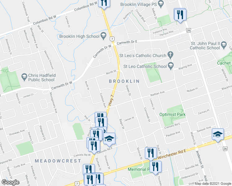 map of restaurants, bars, coffee shops, grocery stores, and more near 131 Baldwin Street in Whitby
