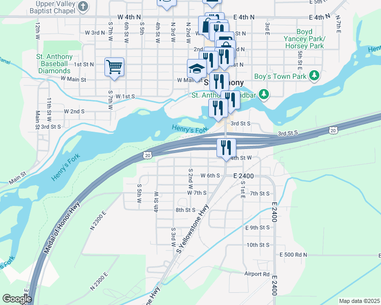 map of restaurants, bars, coffee shops, grocery stores, and more near South 2nd West in Saint Anthony