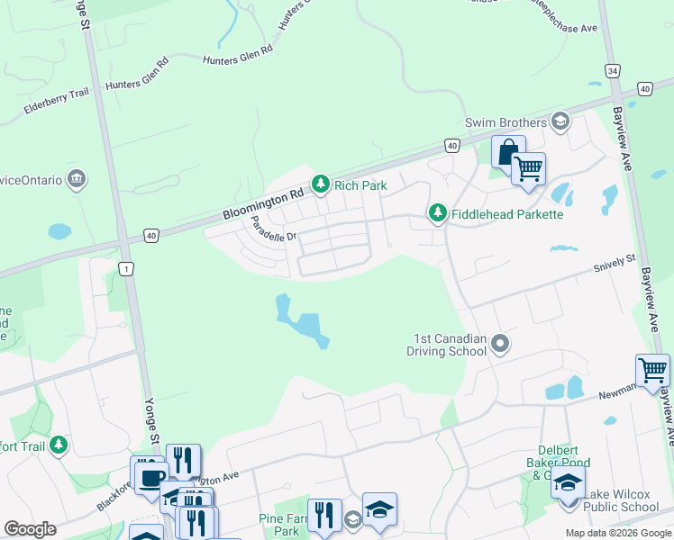 map of restaurants, bars, coffee shops, grocery stores, and more near Meadowsweet Lane in Richmond Hill