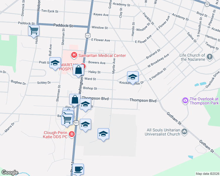 map of restaurants, bars, coffee shops, grocery stores, and more near 187 Bishop Street in Watertown