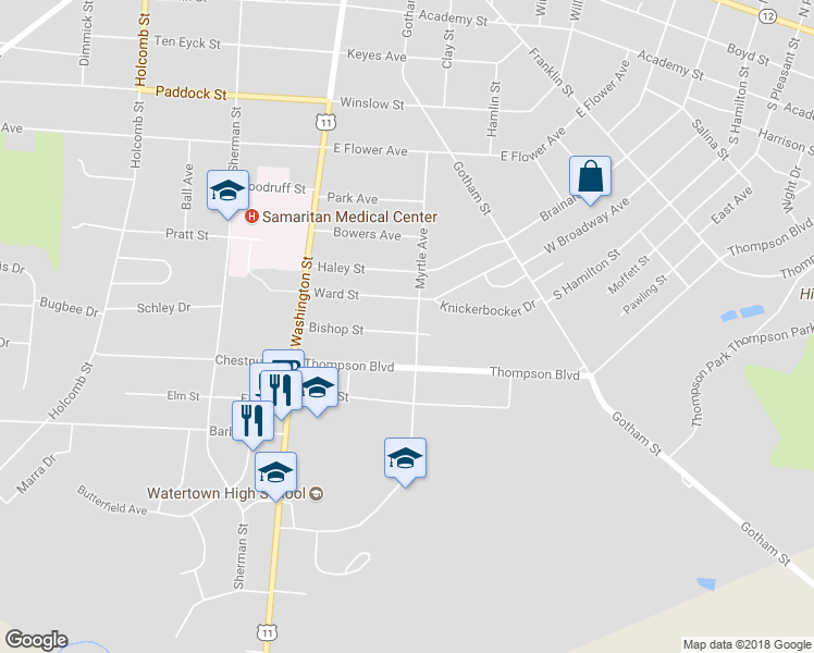 map of restaurants, bars, coffee shops, grocery stores, and more near 187 Bishop St in Watertown