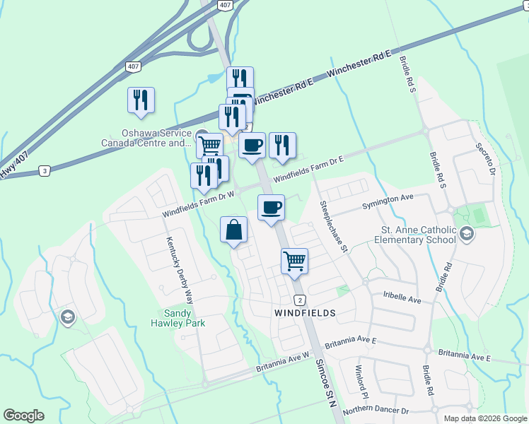 map of restaurants, bars, coffee shops, grocery stores, and more near 2550 Simcoe Street North in Oshawa