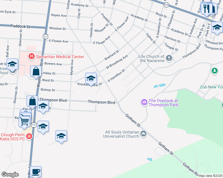 map of restaurants, bars, coffee shops, grocery stores, and more near 1101 Gotham Street in Watertown