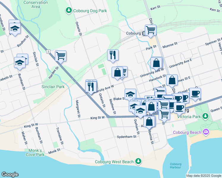 map of restaurants, bars, coffee shops, grocery stores, and more near in Cobourg