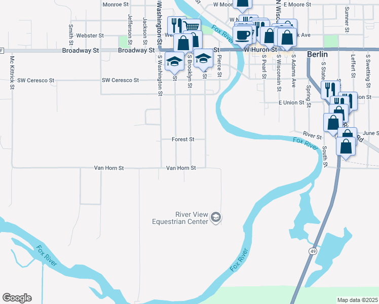 map of restaurants, bars, coffee shops, grocery stores, and more near 301 South Brooklyn Street in Berlin