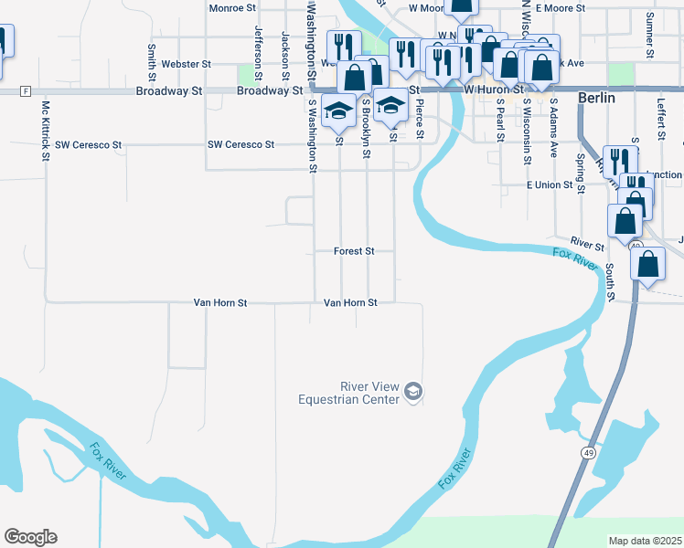 map of restaurants, bars, coffee shops, grocery stores, and more near 307 South Grove Street in Berlin