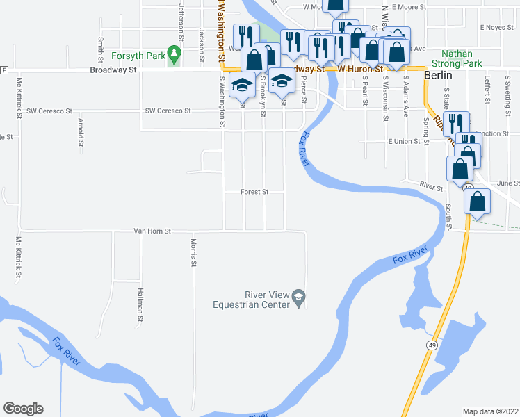 map of restaurants, bars, coffee shops, grocery stores, and more near 301 South Brooklyn Street in Berlin