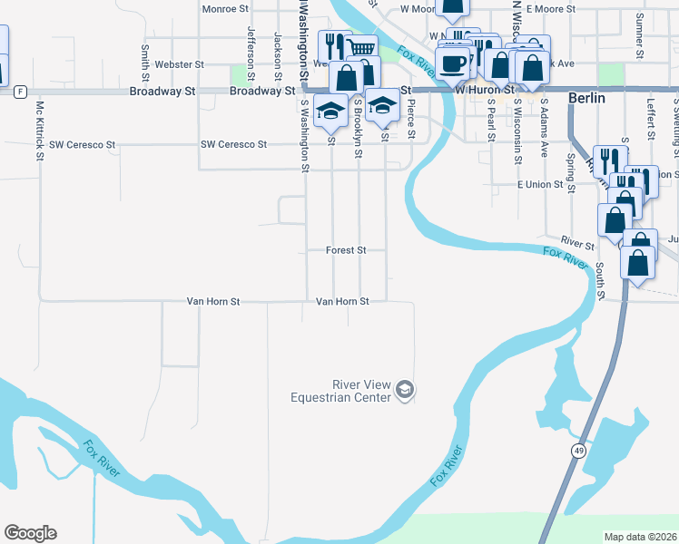 map of restaurants, bars, coffee shops, grocery stores, and more near 302 South Grove Street in Berlin
