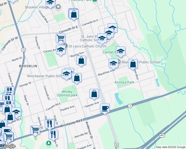 map of restaurants, bars, coffee shops, grocery stores, and more near 34 Blackfriar Avenue in Whitby
