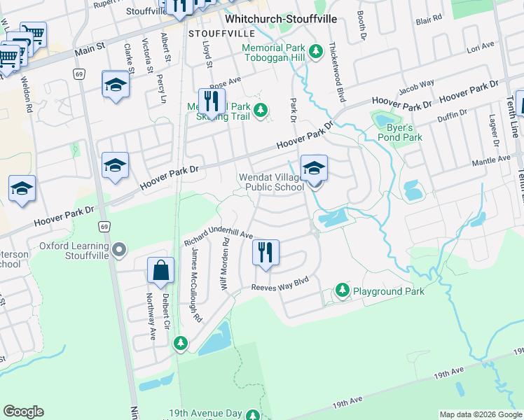 map of restaurants, bars, coffee shops, grocery stores, and more near 44 Fred Silvester Road in Whitchurch-Stouffville
