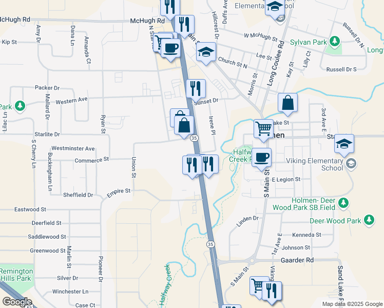 map of restaurants, bars, coffee shops, grocery stores, and more near 108 South Holmen Drive in Holmen
