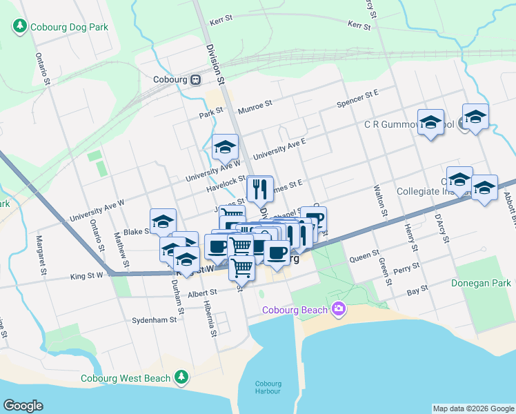 map of restaurants, bars, coffee shops, grocery stores, and more near 319 Division Street in Cobourg