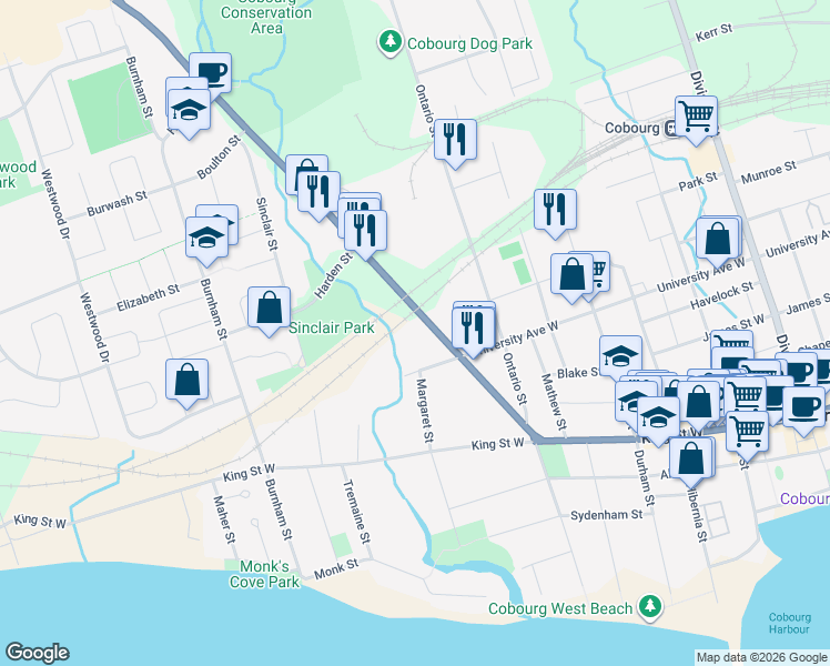 map of restaurants, bars, coffee shops, grocery stores, and more near 461 William Street in Cobourg