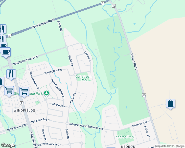 map of restaurants, bars, coffee shops, grocery stores, and more near 2449 Secreto Drive in Oshawa