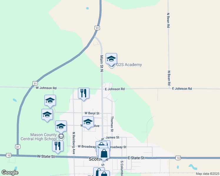 map of restaurants, bars, coffee shops, grocery stores, and more near 44 East Johnson Road in Scottville