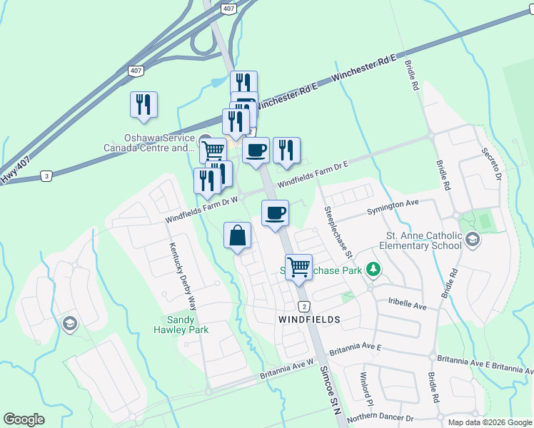 map of restaurants, bars, coffee shops, grocery stores, and more near 2550 Simcoe Street North in Oshawa