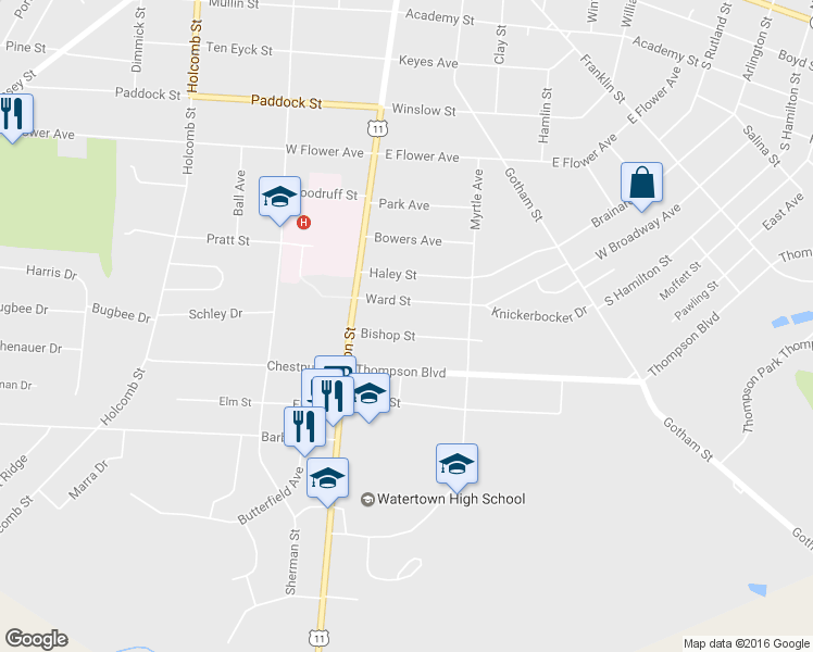 map of restaurants, bars, coffee shops, grocery stores, and more near 143 Bishop Street in Watertown