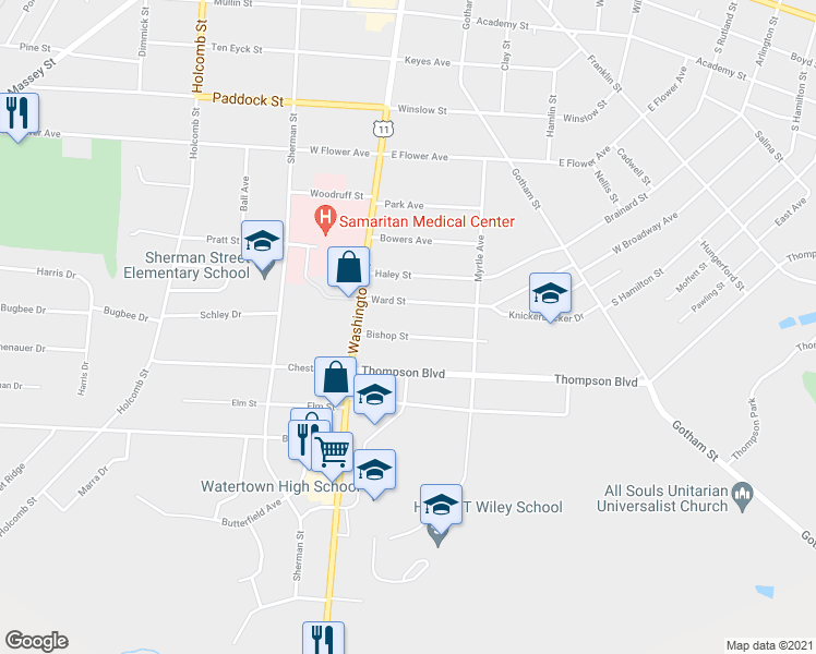 map of restaurants, bars, coffee shops, grocery stores, and more near 139 Bishop Street in Watertown