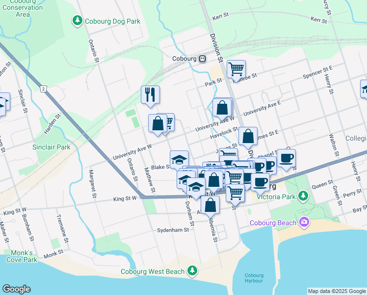 map of restaurants, bars, coffee shops, grocery stores, and more near 369 Spring Street in Cobourg