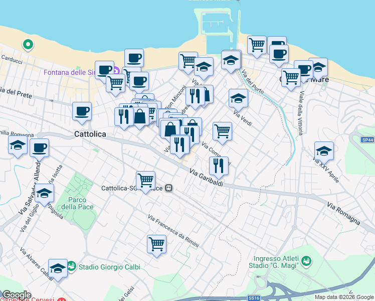 map of restaurants, bars, coffee shops, grocery stores, and more near 22 Piazza Ermete Re in Cattolica