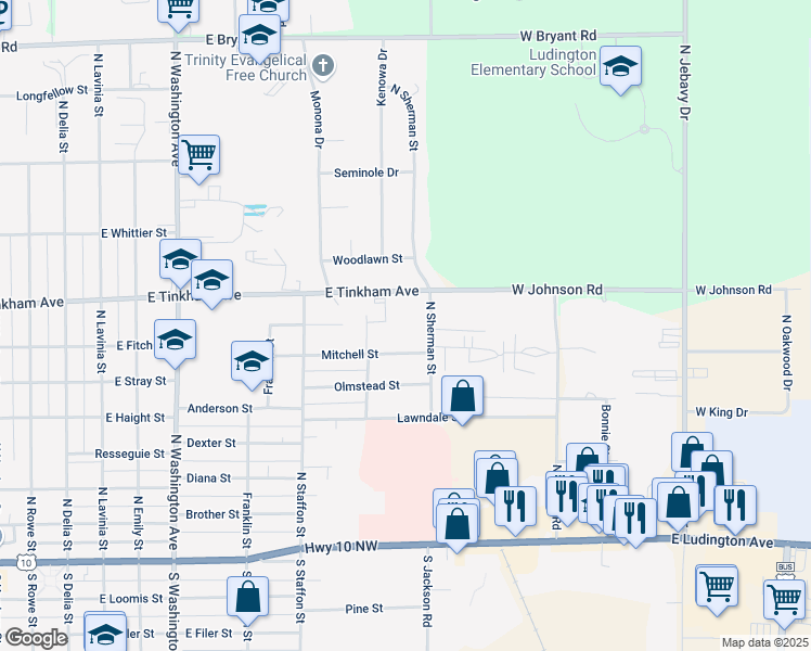map of restaurants, bars, coffee shops, grocery stores, and more near 924 East Tinkham Avenue in Ludington