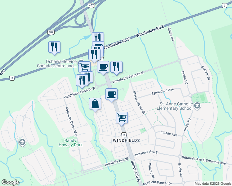 map of restaurants, bars, coffee shops, grocery stores, and more near 2545 Simcoe Street North in Oshawa
