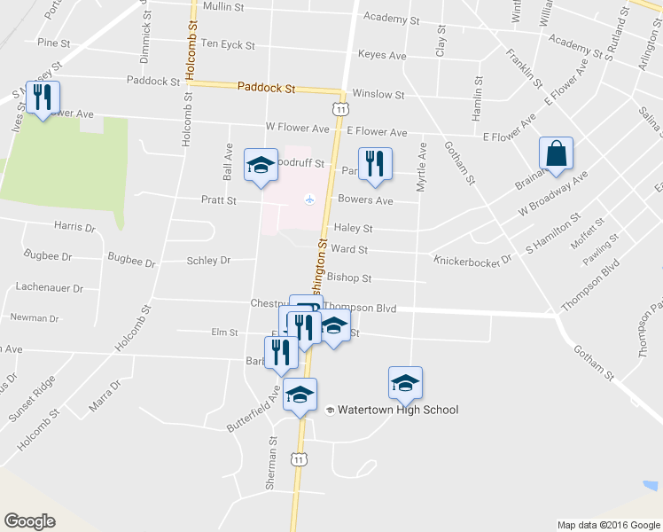 map of restaurants, bars, coffee shops, grocery stores, and more near 1017 Washington Street in Watertown