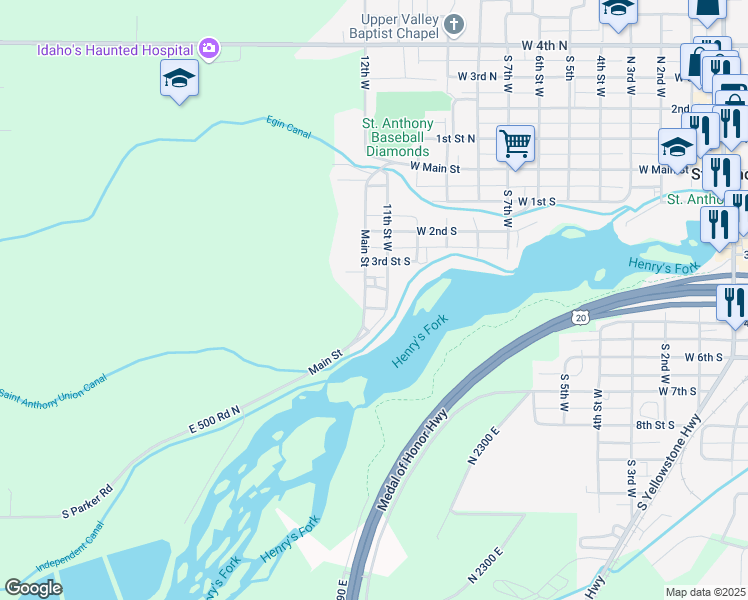 map of restaurants, bars, coffee shops, grocery stores, and more near West 5th South in Saint Anthony