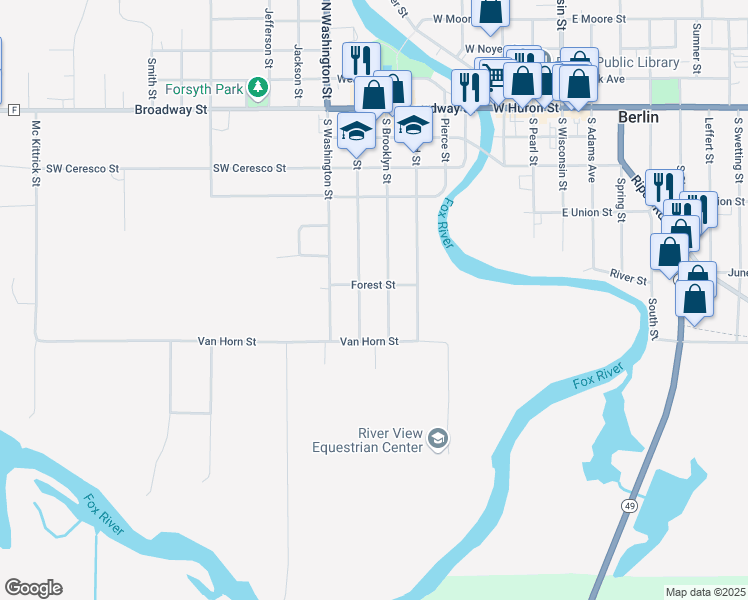 map of restaurants, bars, coffee shops, grocery stores, and more near 301 South Brooklyn Street in Berlin