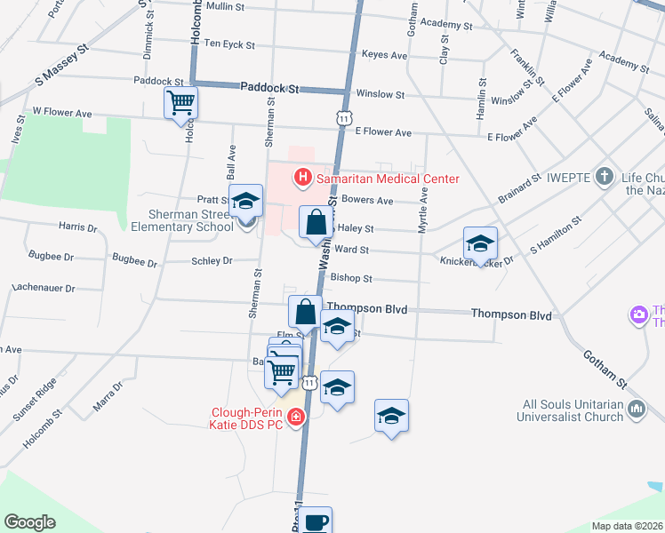 map of restaurants, bars, coffee shops, grocery stores, and more near 1017 Washington Street in Watertown