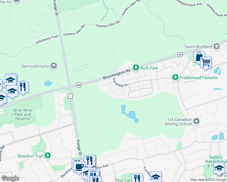 map of restaurants, bars, coffee shops, grocery stores, and more near 24 Sundew Lane in Richmond Hill