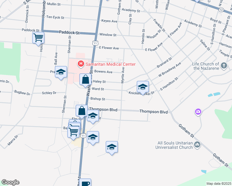 map of restaurants, bars, coffee shops, grocery stores, and more near 176 Ward Street in Watertown