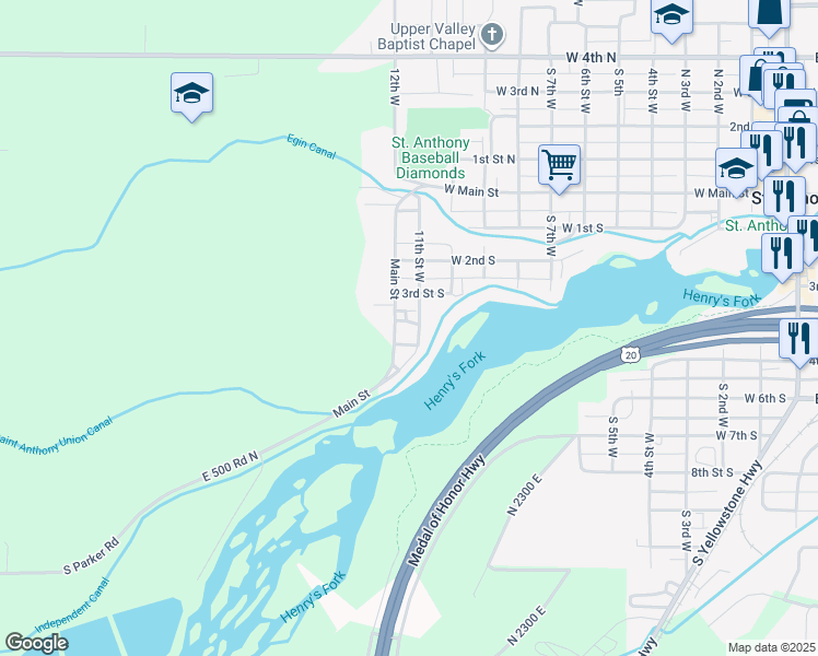 map of restaurants, bars, coffee shops, grocery stores, and more near West 5th South in Saint Anthony