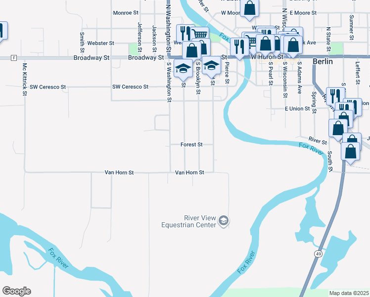 map of restaurants, bars, coffee shops, grocery stores, and more near 307 South Grove Street in Berlin