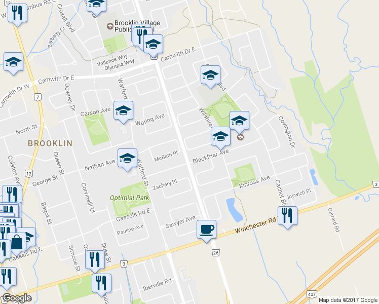 map of restaurants, bars, coffee shops, grocery stores, and more near 43 Beaumaris Crescent in Whitby