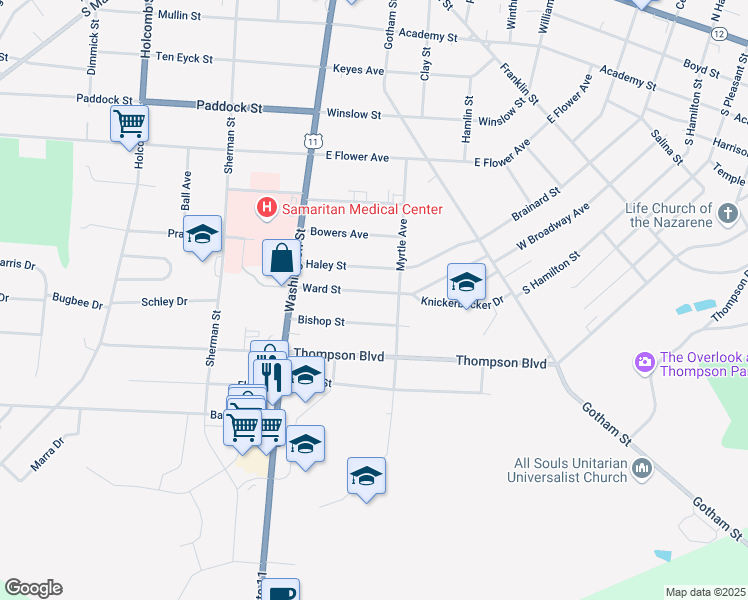map of restaurants, bars, coffee shops, grocery stores, and more near 187 Bishop Street in Watertown