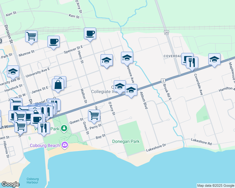 map of restaurants, bars, coffee shops, grocery stores, and more near 288 County Road 2 in Cobourg