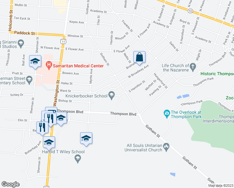 map of restaurants, bars, coffee shops, grocery stores, and more near 716 Knickerbocker Drive in Watertown