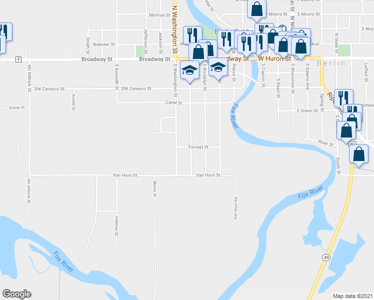 map of restaurants, bars, coffee shops, grocery stores, and more near 285 South Grove Street in Berlin