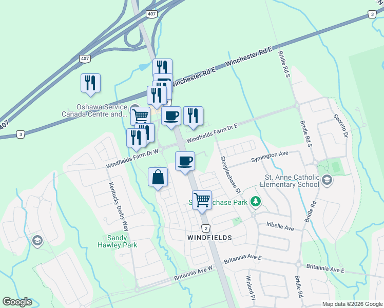 map of restaurants, bars, coffee shops, grocery stores, and more near 1754 Hayden Lane in Pickering